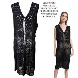Y2K VINTAGE WHITE STAG BLACK CROCHET KNIT LACE SHEER COVER UP DRESS X LARGE EUC‎